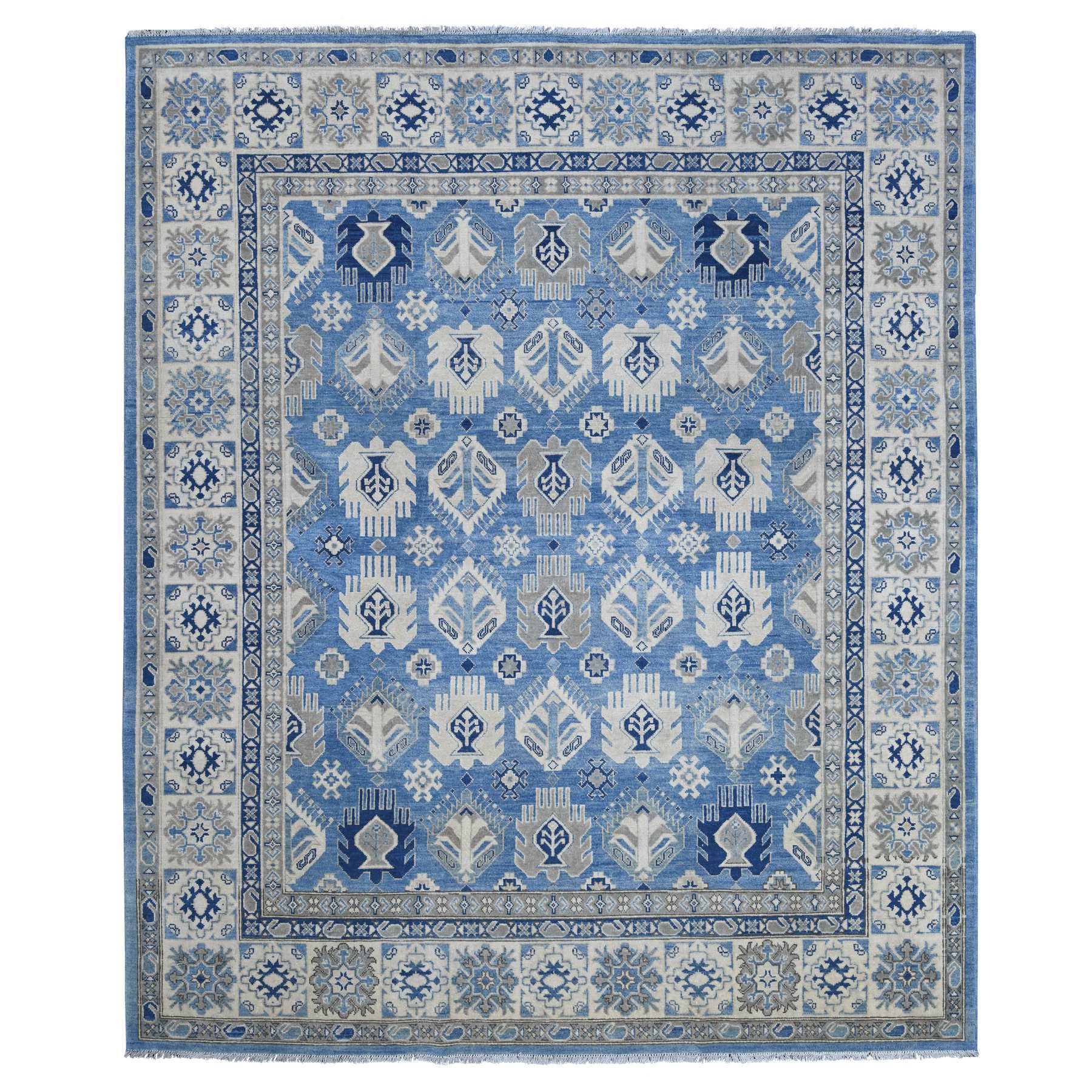 8'2"x9'8" Maya Blue, Hand Knotted, Vintage Look Kazak with All Over Design, 100% Wool, Natural Dyes, Oriental Rug 